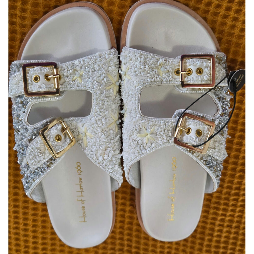 House of Harlow Beaded Intricate Embellished Silver White Buckle Slides NWT 8